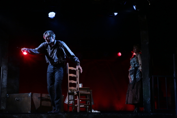 Christopher Chew as Sweeney Todd and Amelia Broome as Mrs. Lovett in Stephen Sondheim and Hugh Wheeler&#39;s Sweeney Todd, directed by Spiro Veloudos, at Lyric Stage Company of Boston.