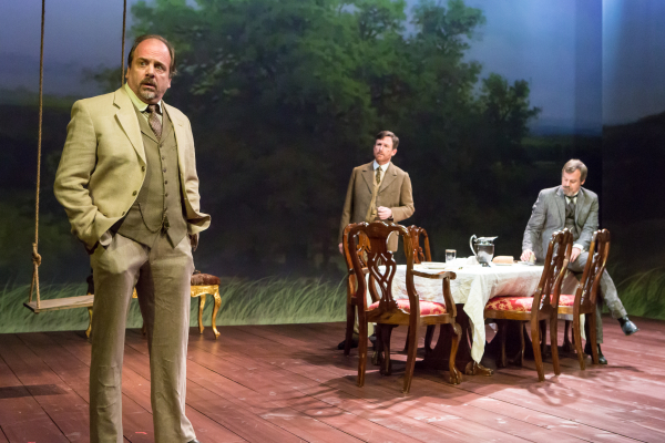 Chris Mixon, Brad Heberlee, and Bradford Cover in Anton Chekhov&#39;s Uncle Vanya, directed by Hal Brooks, at The Pearl Theatre Company.