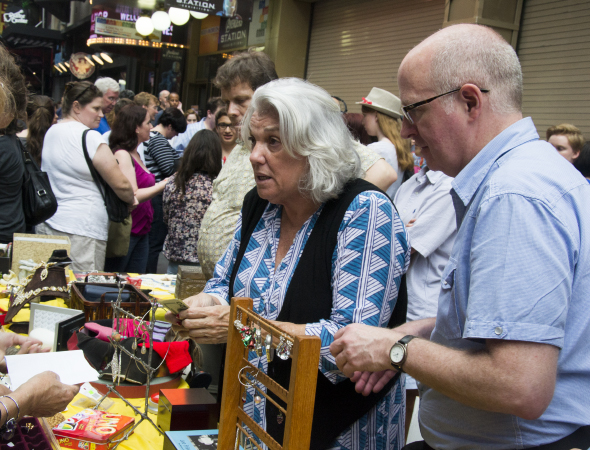 Tyne Daly hocks her wears at the Broadway Flea Market on September 21.