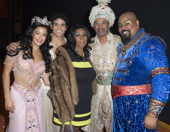 Aretha Franklin (center) with Aladdin stars Courtney Reed, Adam Jacobs, Clifton Davis, and James Monroe Iglehart.