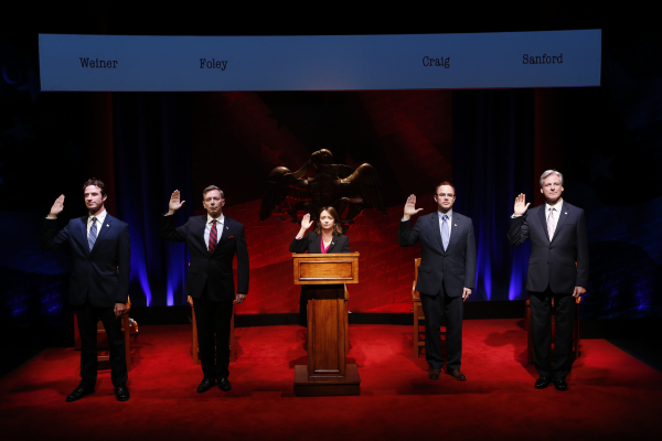 Nate Smith, Arnie Burton, Rachel Dratch, Sean Dugan, and Tom Galantich in Mario Correa&#39;s Tail! Spin!, directed by Dan Knechtges, at the Lynn Redgrave Theater.