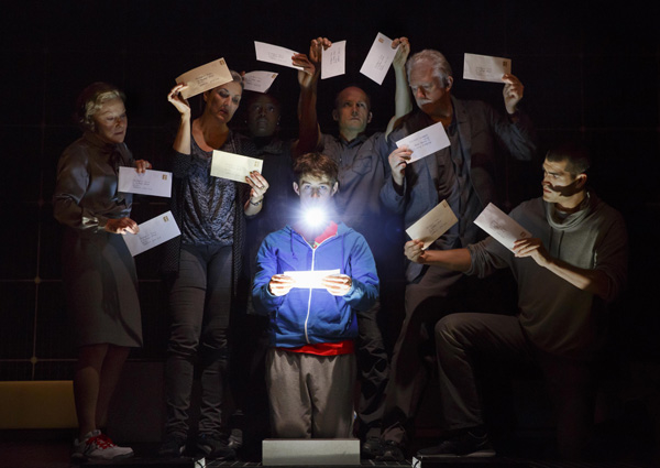 Helen Carey, Mercedes Herrero, Jocelyn Bioh, Alex Sharp (kneeling), Richard Hollis, David Manis, and Ben Horner in Simon Stephens&#39; The Curious Incident of the Dog in the Night-Time, directed by Marianne Elliott, at the Ethel Barrymore Theatre.