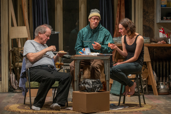 Francis Guinan, Tim Hopper, and Helen Sadler in Conor McPherson&#39;s The Night Alive, directed by Henry Wishcamper, at Chicago&#39;s Steppenwolf Theatre.