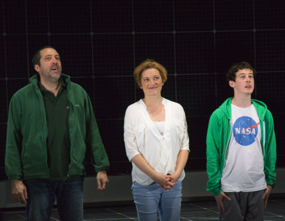 Ian Barford, Francesca Faridany, and Alex Sharp take their bow on the opening night of The Curious Incident of the Dog in the Night-Time at the Barrymore Theatre.