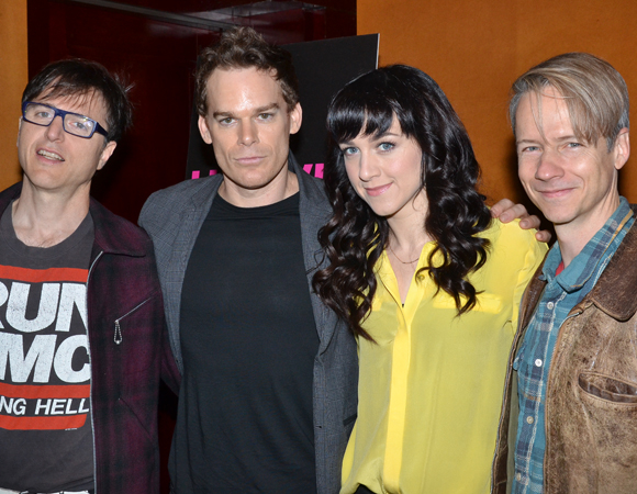 Michael C. Hall and Lena Hall pose with Hedwig creators Stephen Trask (left) and John Cameron Mitchell (right).
