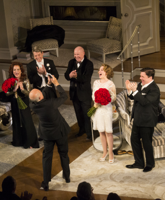 As Stockard Channing, Matthew Broderick, Jack O&#39;Brien, Megan Mullally, and Nathan Lane look on, Terrence McNally takes a selfie on the opening night of It&#39;s Only a Play.