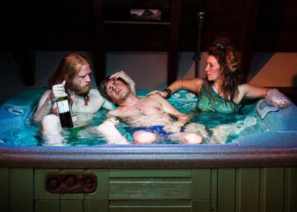 Paul Thureen, Chris Lowell, and Hannah Bos in The Debate Society&#39;s Jacuzzi, directed by Oliver Butler, at Ars Nova.