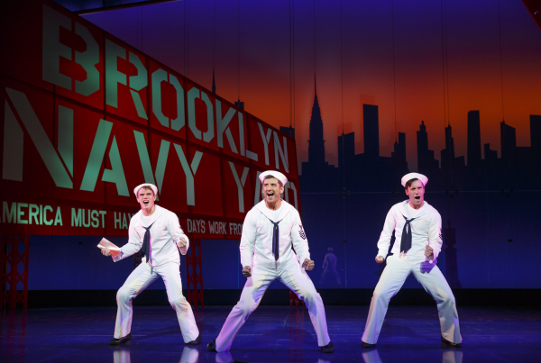 Jay Armstrong Johnson, Tony Yazbeck, and Clyde Alves as sailors-on-leave Chip, Gabey, and Ozzie in the revival of On the Town at the Lyric Theatre.	
	