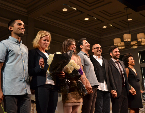 Danny Ashok, Gretchen Mol, Kimberly Senior, Hari Dhillon, Ayad Akhtar, Josh Radnor, and Karen Pittman take a bow on the opening night of Disgraced at the Lyceum Theatre.