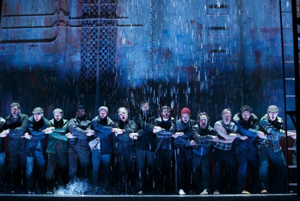 The building of the final sailing vessel in Sting, John Logan, and Brian Yorkey&#39;s new musical The Last Ship, directed by Joe Mantello, at the Neil Simon Theatre.