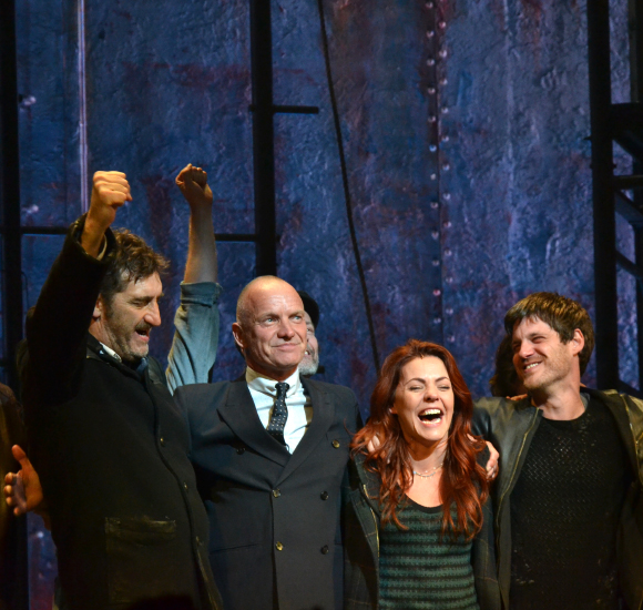 Jimmy Nail, Sting, Rachel Tucker, and Michael Esper celebrate the opening of The Last Ship on the stage of the Neil Simon Theatre.