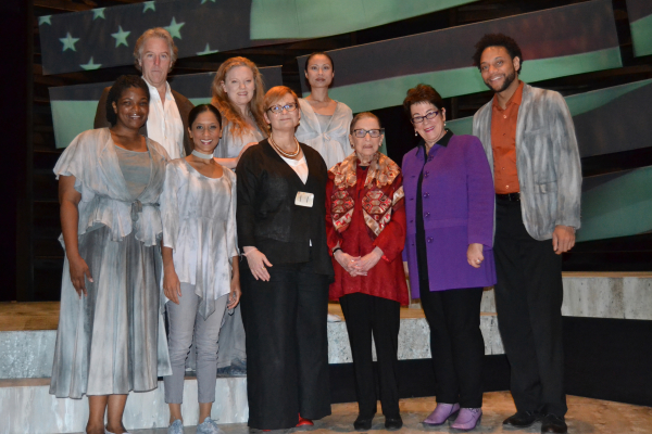 Director Anita Maynard-Losh, Justice Ruth Bader Ginsburg, Artistic Director Molly Smith, and the cast of Our War at Arena Stage at the Mead Center for American Theater.