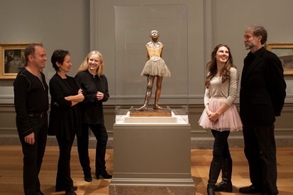 Stephen Flaherty, Lynn Ahrens, and Susan Stroman, Tiler Peck, and Boyd Gaines pose with Degas&#39; Little Dancer Aged Fourteen.