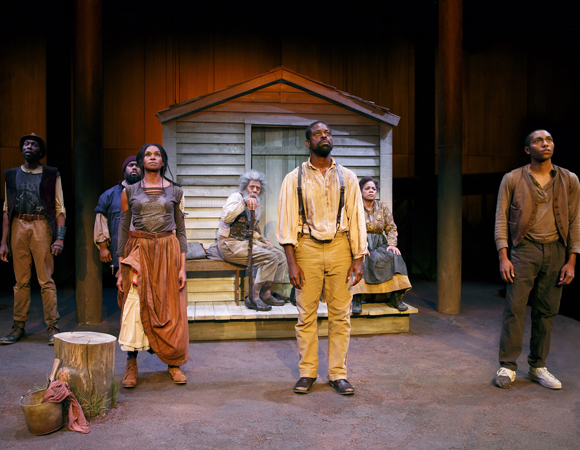 Sterling K. Brown (center) and the cast of Suzan-Lori Parks&#39; Father Comes Home From the Wars Parts 1, 2, &amp; 3, directed by Jo Bonney, at the Public Theater.