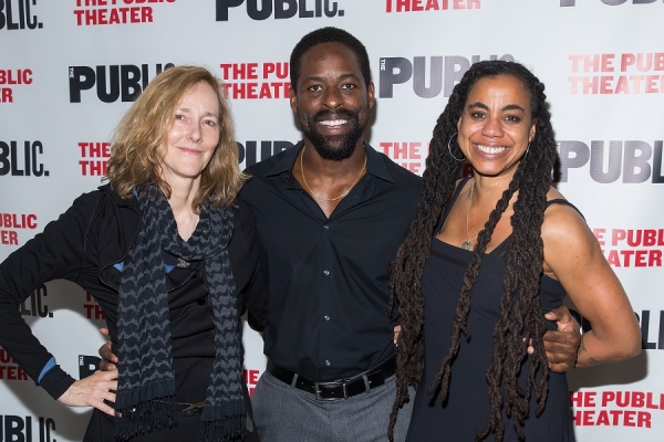 Actor Sterling K. Brown (center) with director Jo Bonney (left) and playwright Suzan-Lori Parks (right).