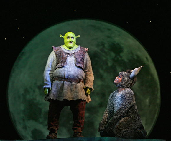 Brian d'Arcy James (Shrek) and Daniel Breaker (Donkey) in the 2008 Broadway production of Shrek The Musical.  