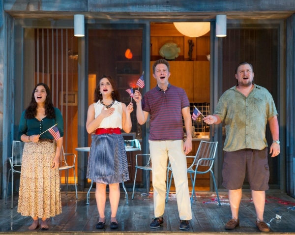 America Ferrera, Tracee Chimo, Austin Lysy, and Michael Chernus celebrate the Fourth of July in Peter DuBois&#39; revival of Terrence McNally&#39;s Lips Together, Teeth Apart at Second Stage Theatre.