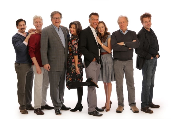 The Band Wagon book writer Douglas Carter Beane (third-from-left) with cast members (from left) Michael Berresse, Tony Sheldon, Tracey Ullman, Brian Stokes Mitchell, Laura Osnes, Michael McKean, and Don Stephenson.