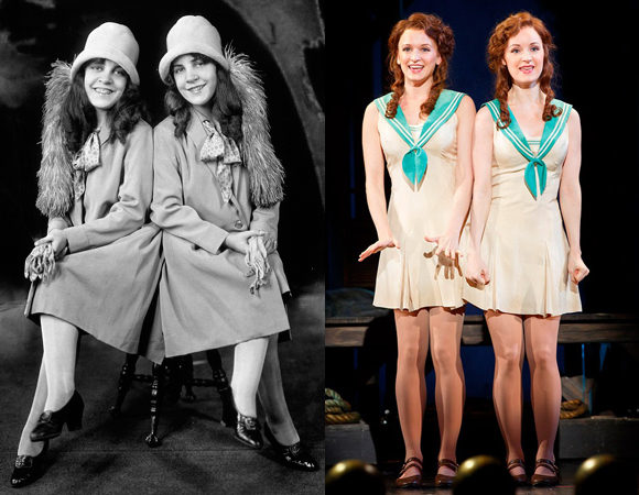 The real-life Daisy and Violet Hilton, circa 1927 (left); Emily Padgett as Daisy and Erin Davie as Violet in Side Show (right).