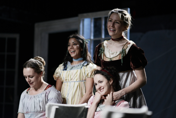 Andrus Nichols, Vaishnavi Sharma, Kate Hamill, and Samantha Steinmetz in Bedlam&#39;s production of Sense and Sensibility, adapted from Jane Austen&#39;s novel by Hamill and directed by Eric Tucker, at the Sheen Center.