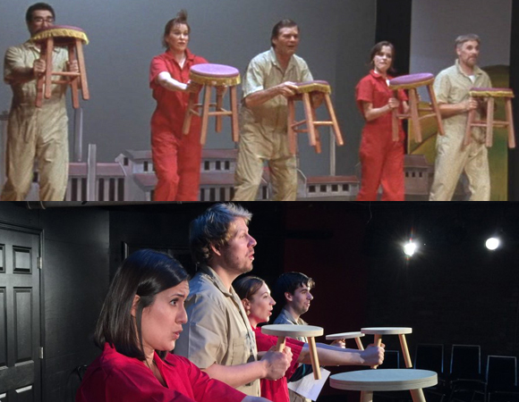 Top: Eugene Levy, Catherine O&#39;Hara, Fred Willard, Parker Posey, and Christopher Guest in a scene from Waiting for Guffman
Bottom: The moment recreated in Red, White and Blaine by the iO Theater company.