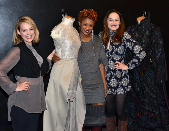 Current Wicked stars Jenni Barber and Christine Dwyer pose with Project Runways: All Stars designer Sonjia Williams and the Wicked Challenge-winning dress.