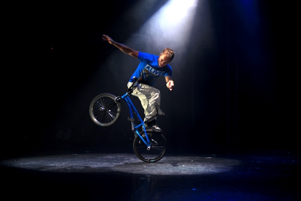 BMX Flatlanding World Champion Peter Sore in Onyx Productions&#39; 360 Allstars, directed by Gene Peterson, at the New Victory Theater.