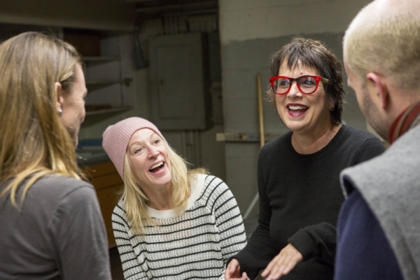 Actor Kate Mulligan and Eve Ensler joke around in the rehearsal room.