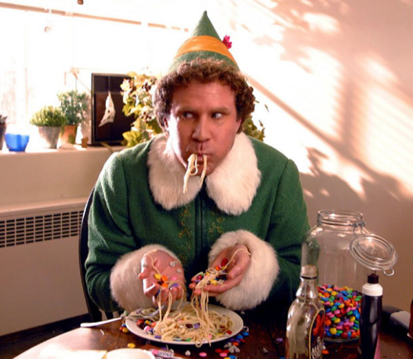 Will Ferrell enjoying his sweet spaghetti as Buddy the elf in the 2003 holiday film Elf. The stars of Elf the Musical at Paper Mill Playhouse have their own ideas of delicious food pairings. 