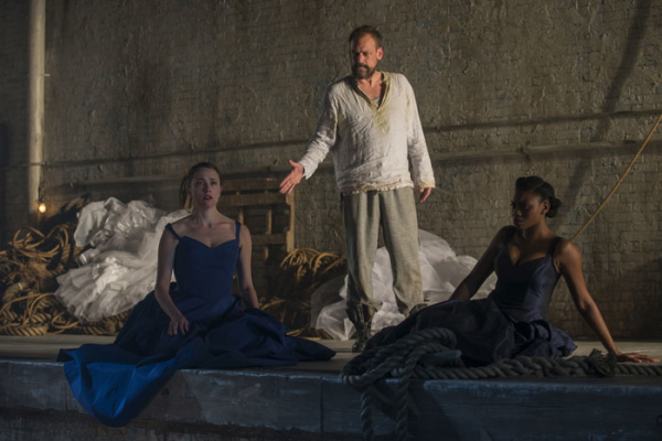 Tracy Walsh, Mark L. Montgomery, and Adrienne Walker in Euripides&#39; Iphigenia in Aulis, directed by Charlie Newell, at Chicago&#39;s Court Theatre.