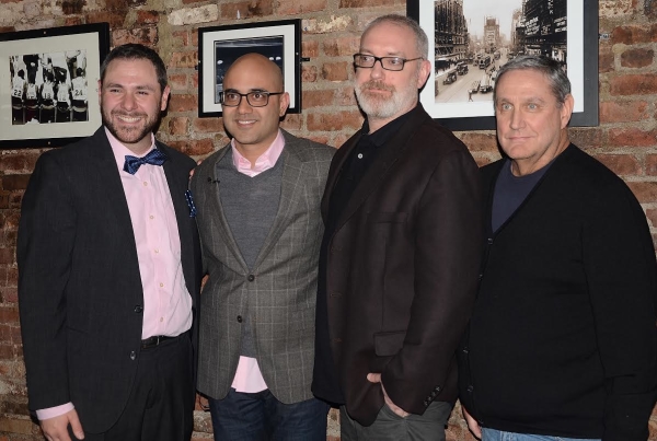 Playwight Ayad Akhtar and director Ken Rus Schmoll pose with NYTW Managing Director Jeremy Blocker (left) and Artistic Director James Nicola (right).