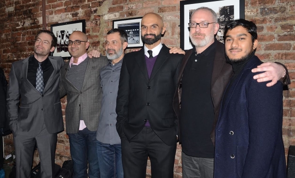 The family of The Invisible Hand: actor Justin Kirk, playwright Ayad Akhtar, cast members Dariush Kashani and Usman Ally, director Ken Rus Schmoll, and actor Jamel Ali.