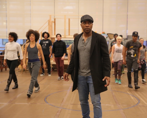 Leslie Odom Jr. (center) and the company of Hamilton in rehearsal.