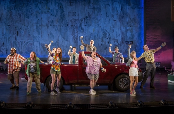 The Broadway cast of Doug Wright, Trey Anastasio, and Amanda Green&#39;s Hands on a Hardbody, directed by Neil Pepe, at the Brooks Atkinson Theatre.
