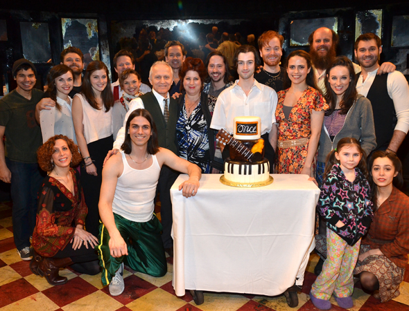 Kelly and Nathan (center) celebrating Once&#39;s one-year anniversary with the Broadway cast.