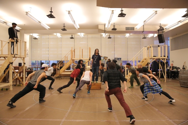 Lin-Manuel Miranda in rehearsal with the cast of Hamilton, his new musical set to play the Public Theater starting January 20.