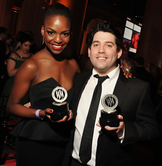 Samantha Ware shows off her Helen Hayes Award with her Book of Mormon costar Christopher John O&#39;Neill. 
