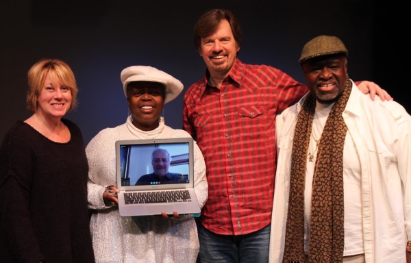 Musical director Amy Jones, Lillias White, playwright Alan Govenar (on computer), Scott Wakefield, and director Akin Babatundé toast their first day of rehearsal.