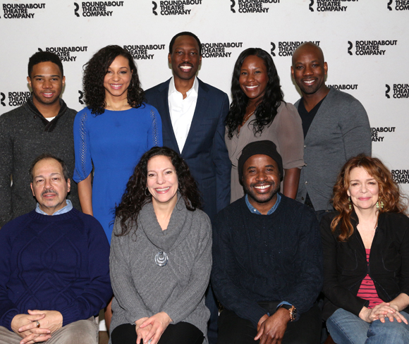 Top Row (from left): Chris Myers, Carra Patterson, Maurice Jones, Crystal Lucas-Perrt, and Carl Hendrick Louis.
Bottom Row (from left): Gilbert Cruz, director Giovanna Sardelli, playwright Jeff Augustin, and Deidre O&#39;Connell.
