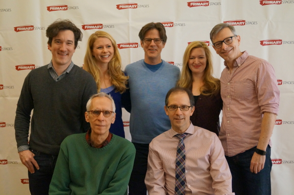 Standing: Cast members Carson Elrod, Liv Rooth, Rick Holmes, Kelly Hutchinson, and Arnie Burton. Seated: Playwright David Ives and director John Rando.