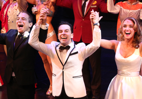 Tony Danza, Rob McClure, and Brynn O&#39;Malley take an elated curtain call on the opening night of Honeymoon in Vegas.