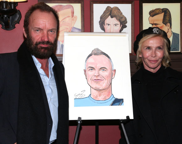 Sting and his wife, Trudie Styler, pose with Sting&#39;s new caricature.