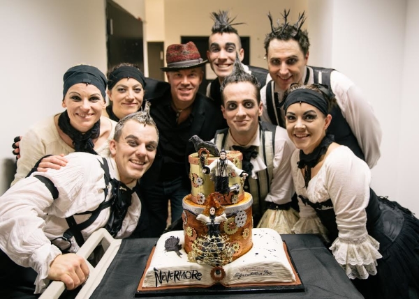 The cast of Nevermore celebrates Edgar Allan Poe&#39;s 206th birthday with a cake from Cake Alchemy.