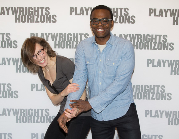 Carrie Coon and William Jackson Harper have some fun at rehearsal.