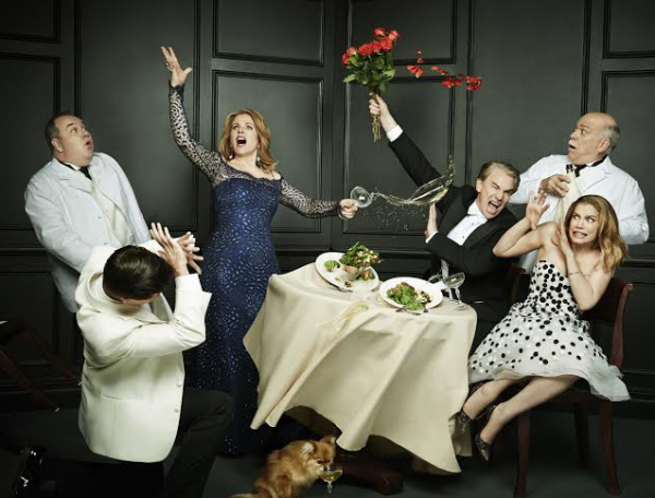 Living on Love features a company that includes Blake Hammond (second-from-left), Renée Fleming, Douglas Sills, Scott Robertson, and Anna Chlumsky. Casting for one final role (kneeling left) will be announced.