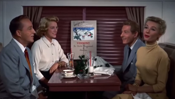Bing Crosby, Rosemary Clooney, Danny Kaye, and Vera-Ellen sing &quot;Snow&quot; in the film White Christmas.