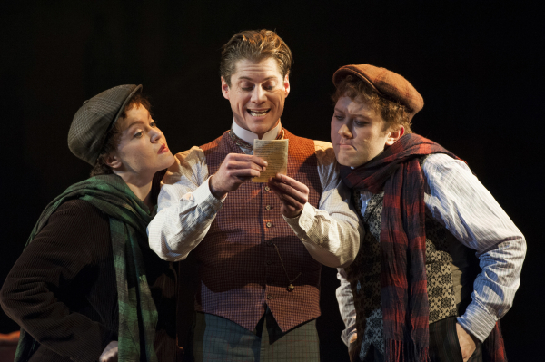 Jane Pfitsch and Stanley Bahorek flank Gregory Wooddell as Sherlock Holmes in Ken Ludwig's Baskerville: A Sherlock Holmes Mystery, directed by Amanda Dehnert, at Washington, D.C.&#39;s Arena Stage.