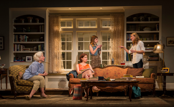 Mary Ann Thebus (Alice Croll), Karen Janes Woditsch (Gwen Harper), Cassidy Slaughter-Mason (Avery Willard), and Jennifer Coombs (Catherine Croll) in Gina Gionfriddo's Rapture, Blister, Burn, directed by Kimberly Senior, at the Goodman Theatre. 