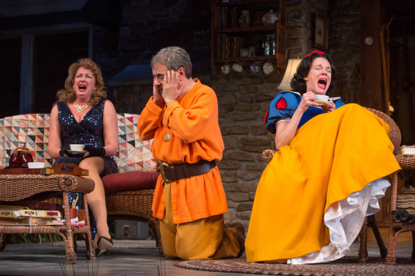 Michele Pawk (Sonia), Mark Nelson (Vanya, and Carolyn McCormick (Masha) in Christopher Durang&#39;s Vanya and Sonia and Masha and Spike, directed by Don Stephenson, at Paper Mill Playhouse.