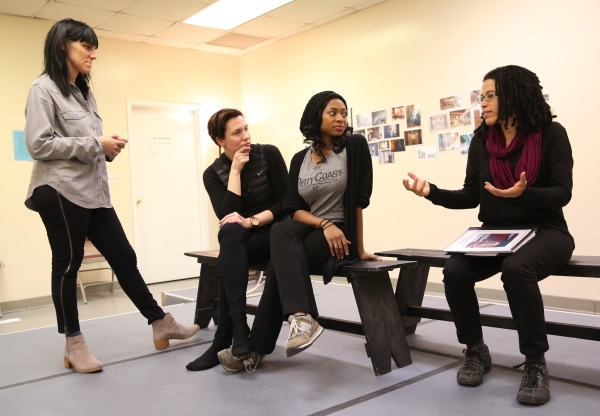 Leigh Silverman, Rebecca Henderson, Rachael Holmes, and Tanya Barfield in rehearsal for Bright Half Life.